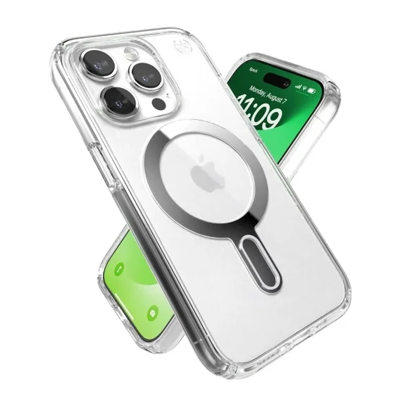 Speck ClickLock iPhone 15 Pro Kılıfı Clear/Chrome Finish/Serene Silver