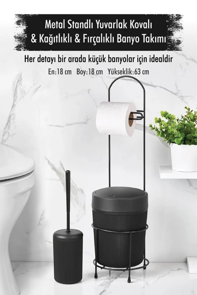 Metal Standlı Yuvarlak Kovalı & Kağıtlıklı & Fırçalıklı Siyah Banyo Takımı