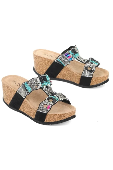 Fort GJ Arina Anatomik Dolgu Kalın Taban Bonçuk Taş Detaylı Kadın Terlik ürün görseli