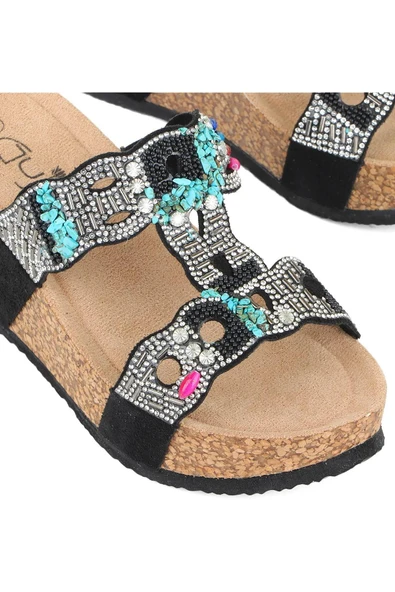 Fort GJ Arina Anatomik Dolgu Kalın Taban Bonçuk Taş Detaylı Kadın Terlik - Resim 3
