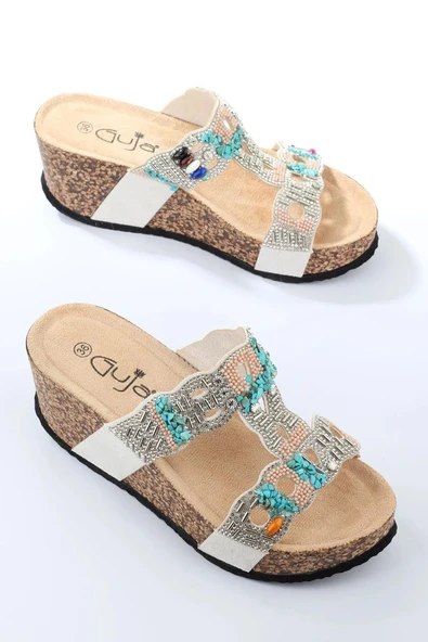 Fort GJ Arina Anatomik Dolgu Kalın Taban Bonçuk Taş Detaylı Kadın Terlik - Resim 6