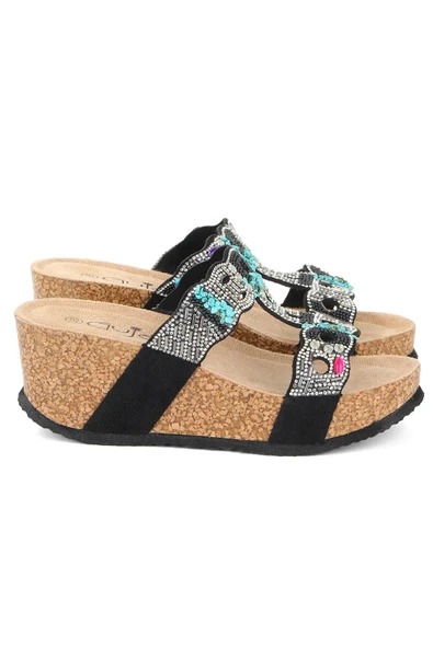 Fort GJ Arina Anatomik Dolgu Kalın Taban Bonçuk Taş Detaylı Kadın Terlik - Resim 4