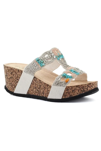 Fort GJ Arina Anatomik Dolgu Kalın Taban Bonçuk Taş Detaylı Kadın Terlik - Resim 10