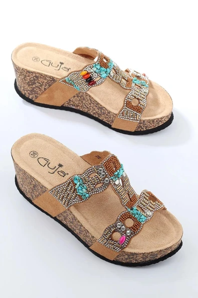 Fort GJ Arina Anatomik Dolgu Kalın Taban Bonçuk Taş Detaylı Kadın Terlik - Resim 12