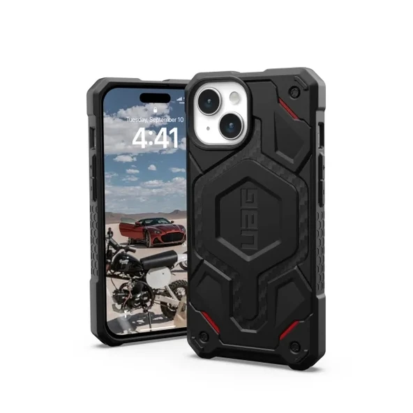 UAG Magnet MagSafe Monarch Pro iPhone 15 Kılıf Carbon Fiber with Red Accent Corner