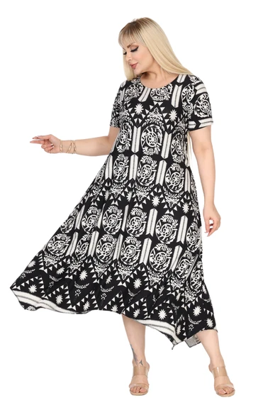 Melsay Butik Beyaz Retro Desen Asimetrik Kısa Kollu Elbise - 4