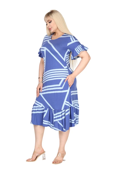 Melsay Butik Kadın Büyük Beden Eteği Fırfırlı Mavi Çizgili Desen Cepli Elbise - Resim 2
