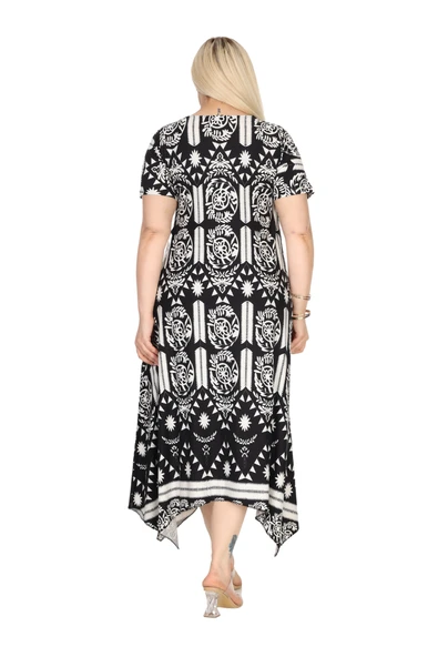 Melsay Butik Beyaz Retro Desen Asimetrik Kısa Kollu Elbise - 6