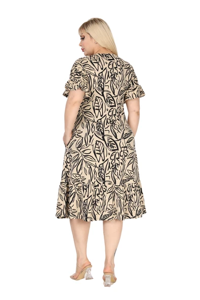 Melsay Butik Kadın Büyük Beden Eteği Fırfırlı Bej Yaprak Desen Cepli Elbise - Resim 6