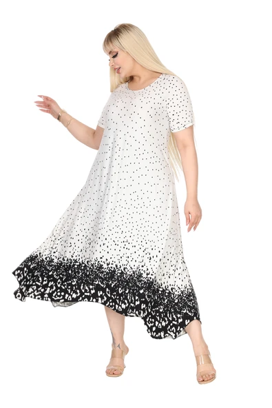 Melsay Butik Beyaz Puanlı Eteği Leopar Desen Asimetrik Kısa Kollu Elbise - 3