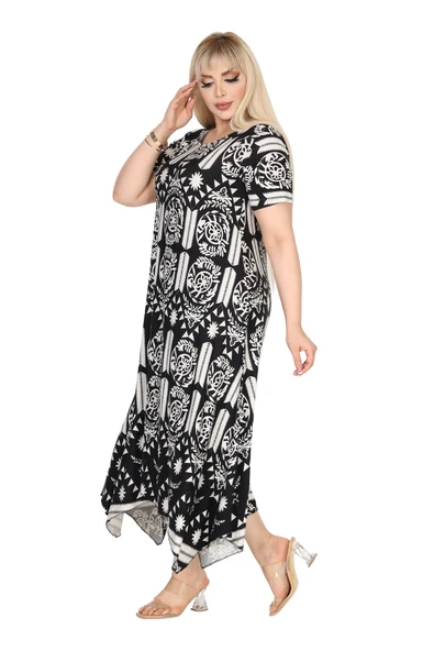 Melsay Butik Beyaz Retro Desen Asimetrik Kısa Kollu Elbise - 3