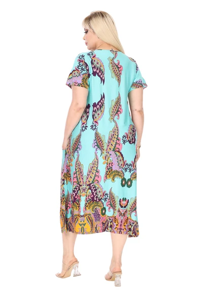 Melsay Butik Turkuaz Şal Desen Kuplu Cepli Kısa Kol Kadın Midi Elbise - Resim 6