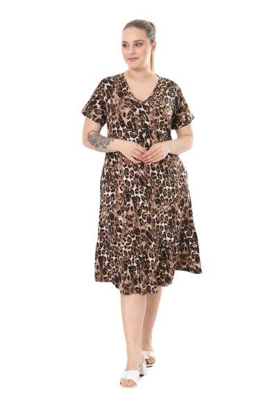 Melsay Butik Göğüsten Robalı V Yaka Kısa Kollu Leopar Desen Cepli Elbise - 2