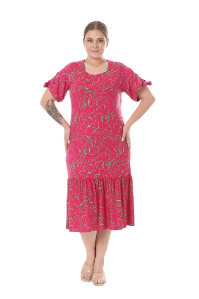 Melsay Butik Fuşya Çiçek Desen Kolları Bağlamalı Kısa Kollu Elbise - 4