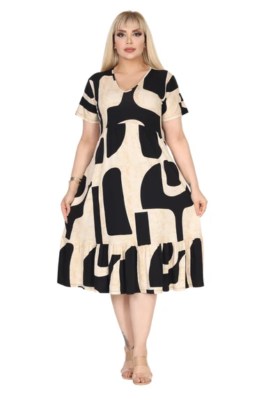 Melsay Butik Göğüsten Robalı V Yaka Kısa Kollu Bej Geometrik Desen Cepli Elbise ürün görseli