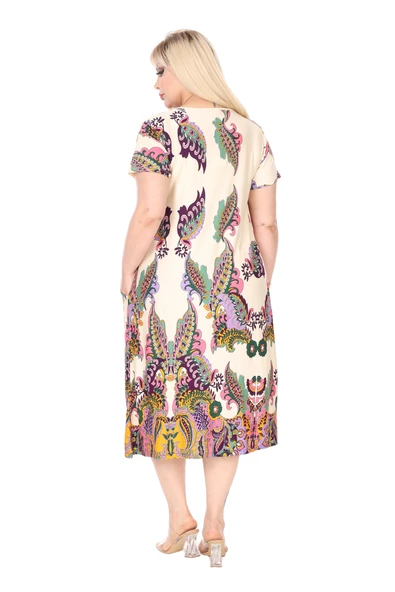 Melsay Butik Krem Şal Desen Kuplu Cepli Kısa Kol Kadın Midi Elbise - Resim 6