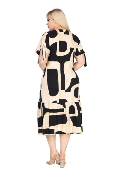 Melsay Butik Bej Geometrik Desen Kolları Bağlamalı Kısa Kollu Elbise - Resim 6