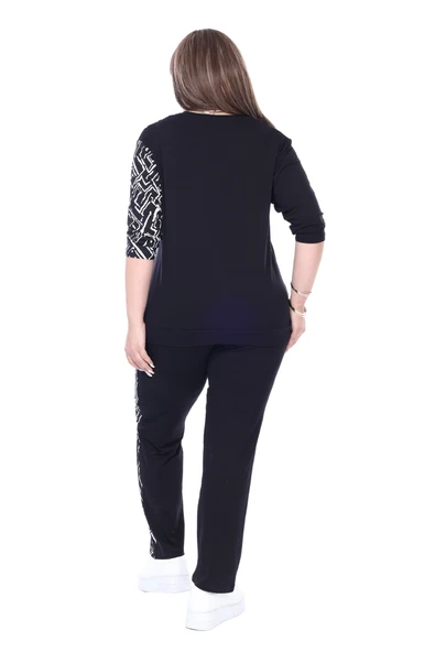 Melsay Butik Siyah Truvakar Kol Yarım Zigzag Garnili Viskon Büyük Beden Takım - Resim 5
