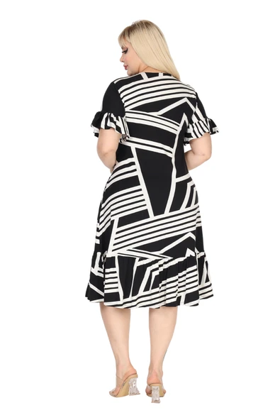 Melsay Butik Kadın Büyük Beden Eteği Fırfırlı Siyah Çizgili Desen Cepli Elbise - Resim 6