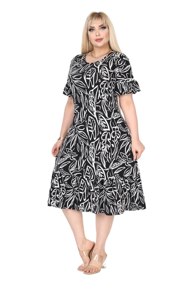 Melsay Butik Kadın Büyük Beden Eteği Fırfırlı Siyah Yaprak Desen Cepli Elbise ürün görseli