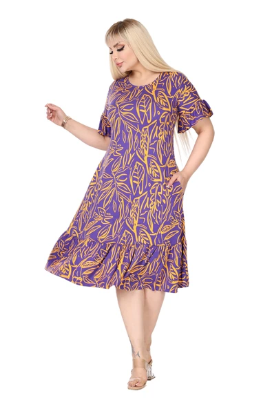 Melsay Butik Kadın Büyük Beden Eteği Fırfırlı Mor Yaprak Desen Cepli Elbise - 4