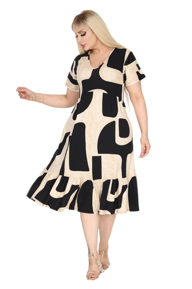 Melsay Butik Göğüsten Robalı V Yaka Kısa Kollu Bej Geometrik Desen Cepli Elbise - Resim 3