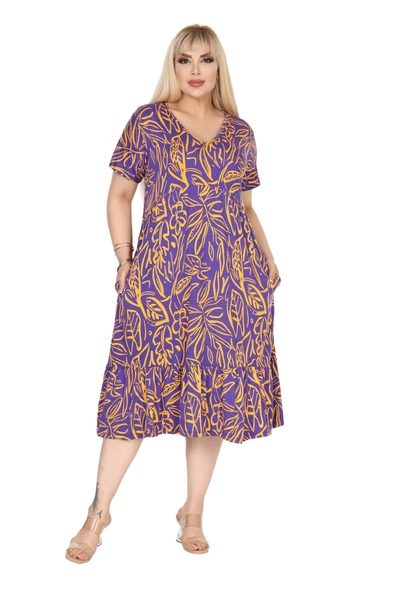 Melsay Butik Göğüsten Robalı V Yaka Kısa Kollu Mor Yaprak Desen Cepli Elbise ürün görseli