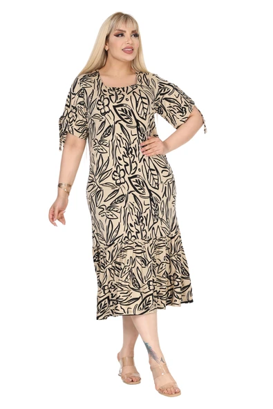 Melsay Butik Ekru Yaprak Desen Kolları Bağlamalı Kısa Kollu Elbise - 6