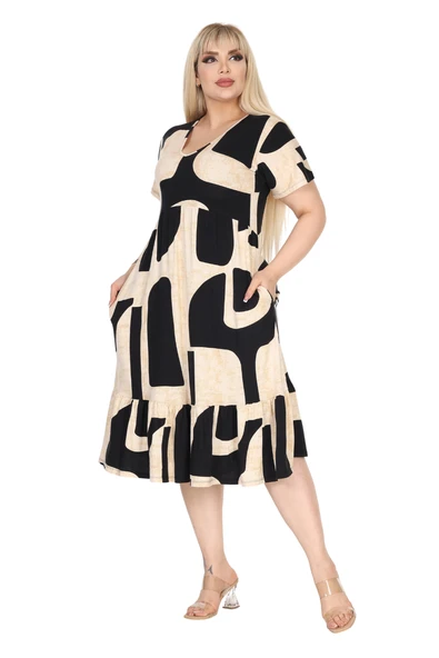 Melsay Butik Göğüsten Robalı V Yaka Kısa Kollu Bej Geometrik Desen Cepli Elbise - Resim 4