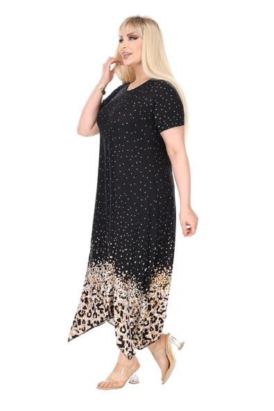 Melsay Butik Siyah Puanlı Eteği Leopar Desen Asimetrik Kısa Kollu Elbise - 4