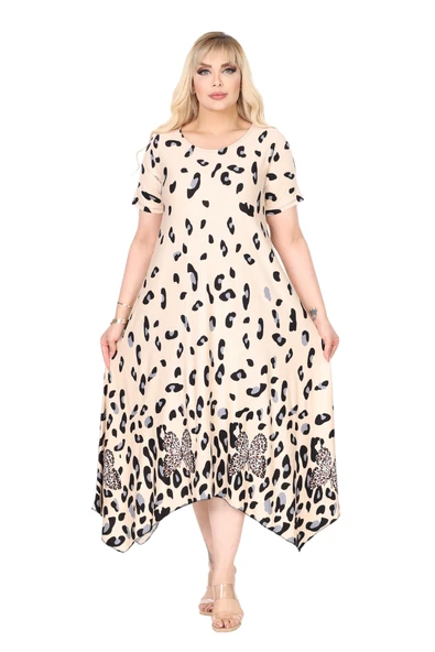 Melsay Butik Bej Sulu Leopar Desenli Asimetrik Kısa Kollu Elbise
