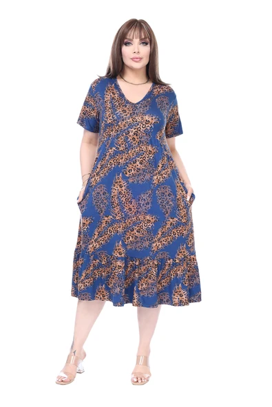 Melsay Butik Göğüsten Robalı V Yaka Kısa Kollu Lacivert Başak Desen Cepli Elbise ürün görseli