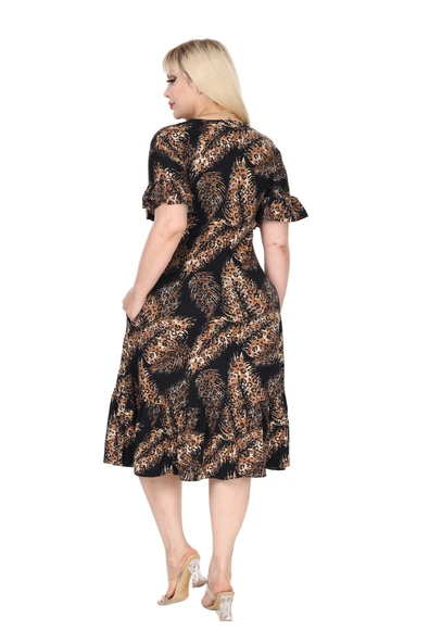 Melsay Butik Siyah Başak Desen Büyük Beden Eteği Fırfırlı Cepli Elbise - Resim 6