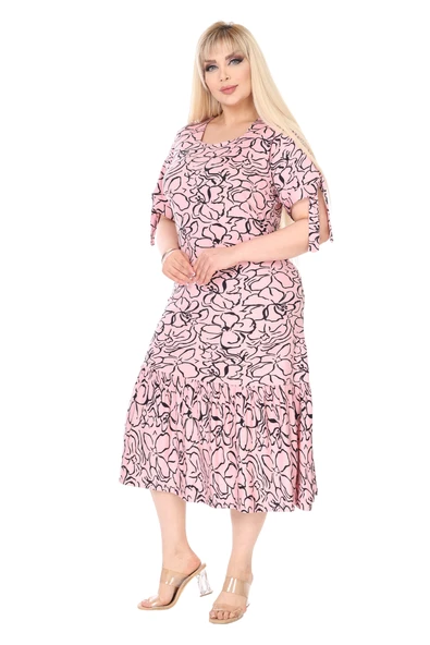 Melsay Butik İnci Pembesi Çiçek Desen Kolları Bağlamalı Kısa Kollu Elbise - 2