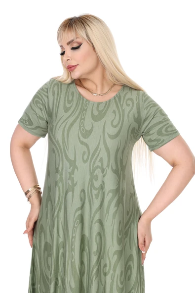 Melsay Butik Haki Eteği Çizgili Desen Asimetrik Kısa Kollu Elbise - Resim 5