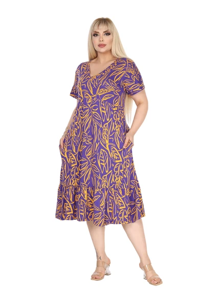 Melsay Butik Göğüsten Robalı V Yaka Kısa Kollu Mor Yaprak Desen Cepli Elbise - Resim 2