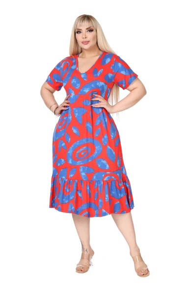 Melsay Butik Göğüsten Robalı V Yaka Kısa Kollu Pembe Nazar Desenli Cepli Elbise - Resim 4