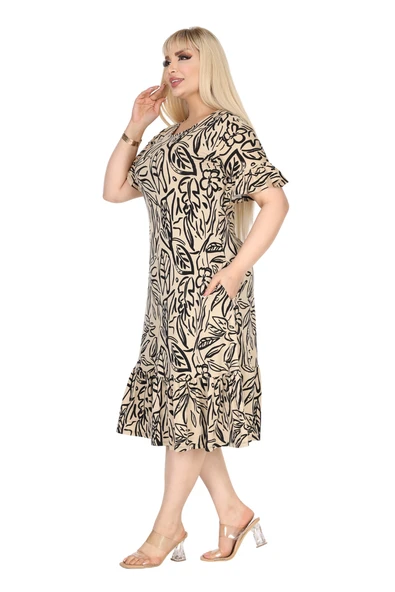 Melsay Butik Kadın Büyük Beden Eteği Fırfırlı Bej Yaprak Desen Cepli Elbise - Resim 2