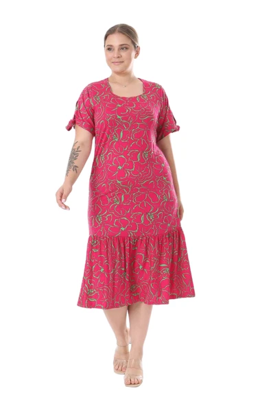 Melsay Butik Fuşya Çiçek Desen Kolları Bağlamalı Kısa Kollu Elbise - 3