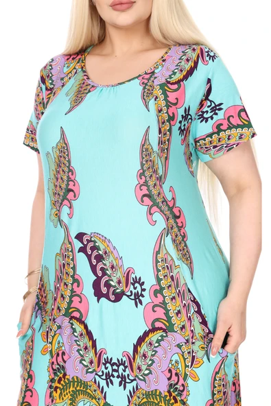 Melsay Butik Turkuaz Şal Desen Kuplu Cepli Kısa Kol Kadın Midi Elbise - Resim 5