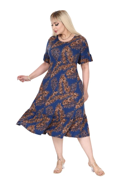 Melsay Butik Lacivert Başak Desen Eteği Fırfırlı Cepli Büyük Beden Kadın Elbise - 4