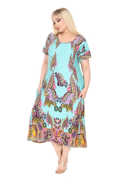 Melsay Butik Turkuaz Şal Desen Kuplu Cepli Kısa Kol Kadın Midi Elbise - Resim 4