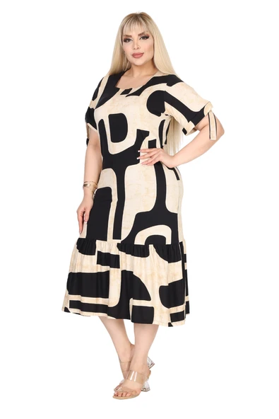 Melsay Butik Bej Geometrik Desen Kolları Bağlamalı Kısa Kollu Elbise - Resim 2