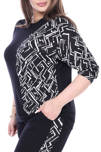 Melsay Butik Siyah Truvakar Kol Yarım Zigzag Garnili Viskon Büyük Beden Takım - Resim 4