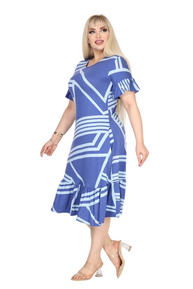 Melsay Butik Kadın Büyük Beden Eteği Fırfırlı Mavi Çizgili Desen Cepli Elbise - Resim 4