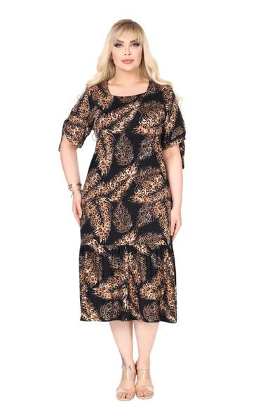 Melsay Butik Siyah Başak Desen Kolları Bağlamalı Kısa Kollu Elbise - 2