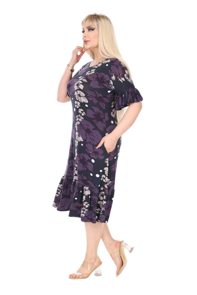 Melsay Butik Kadın Büyük Beden Eteği Fırfırlı Mor Gelincik Desen Cepli Elbise - 4