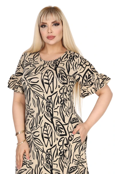 Melsay Butik Kadın Büyük Beden Eteği Fırfırlı Bej Yaprak Desen Cepli Elbise - Resim 4