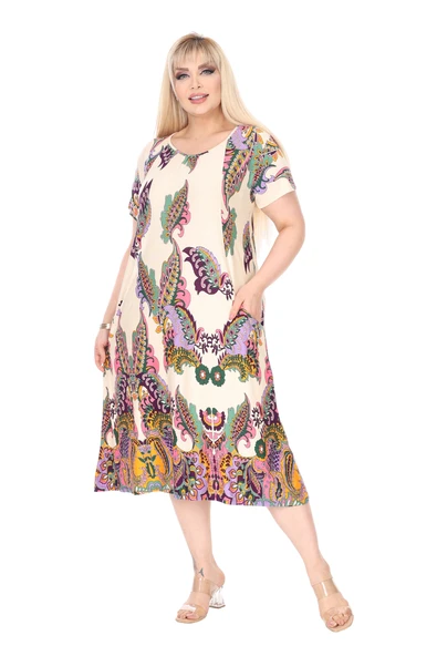 Melsay Butik Krem Şal Desen Kuplu Cepli Kısa Kol Kadın Midi Elbise ürün görseli