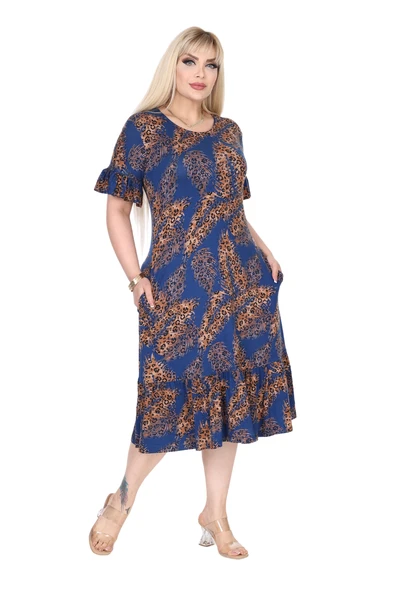 Melsay Butik Lacivert Başak Desen Eteği Fırfırlı Cepli Büyük Beden Kadın Elbise - 5